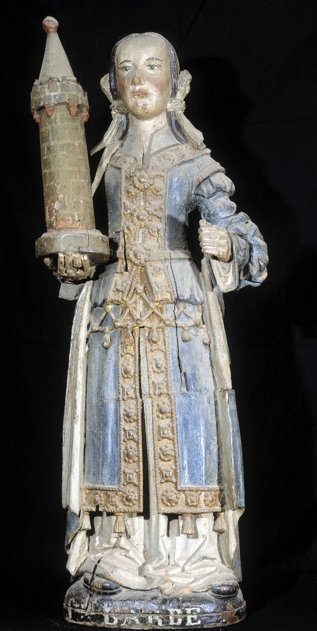 Polykrom træskulptur, der repræsenterer Saint Barbe (slutningen af det 16. århundrede), bevaret på Dinan Museum. af French School