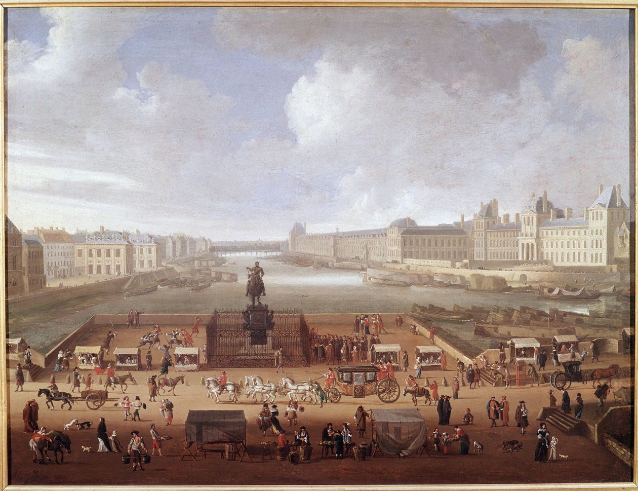 Pont-Neuf, Paris, set fra indgangen til Place Dauphine og viser 4 Nations College, Quai Malaquais og Louvre (olie på lærred af French School