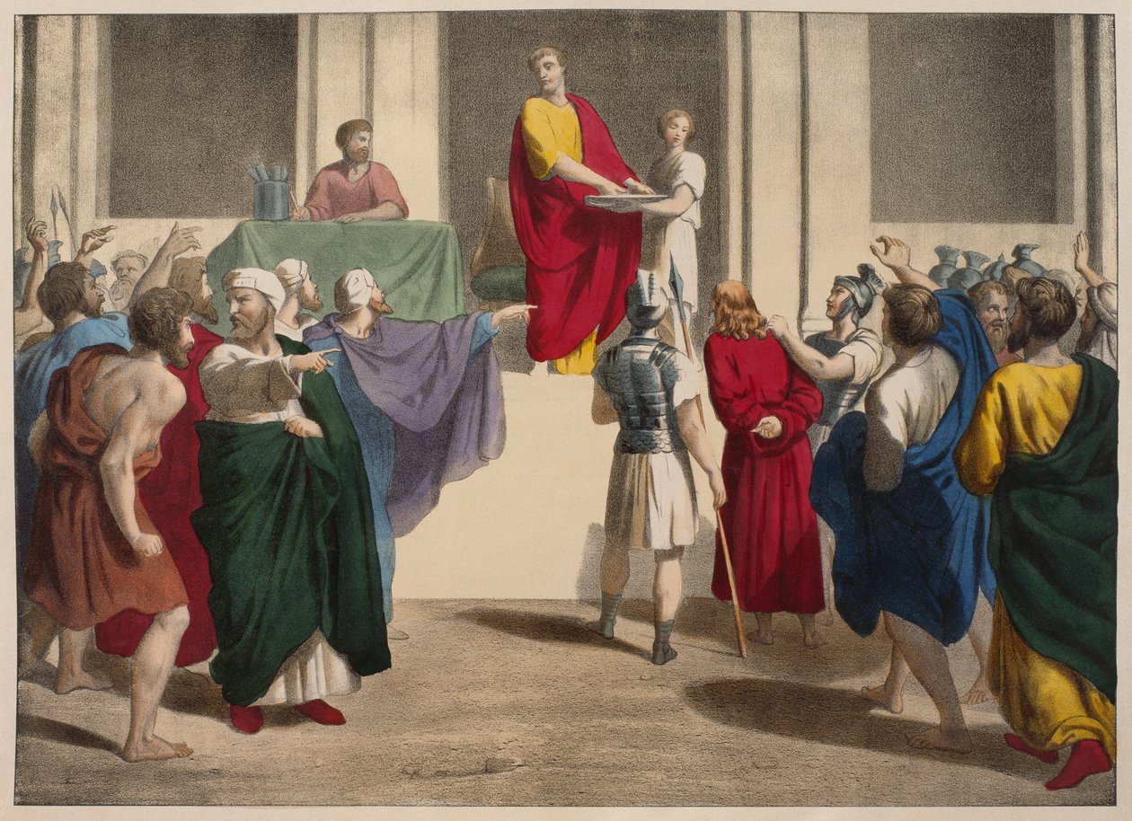 Pontius Pilatus vasker sine hænder foran Jesus, illustration fra en katekismus LHistoire Sainte, udgivet af Charles Delagrave, Paris, slutningen af det 19. århundrede af French School