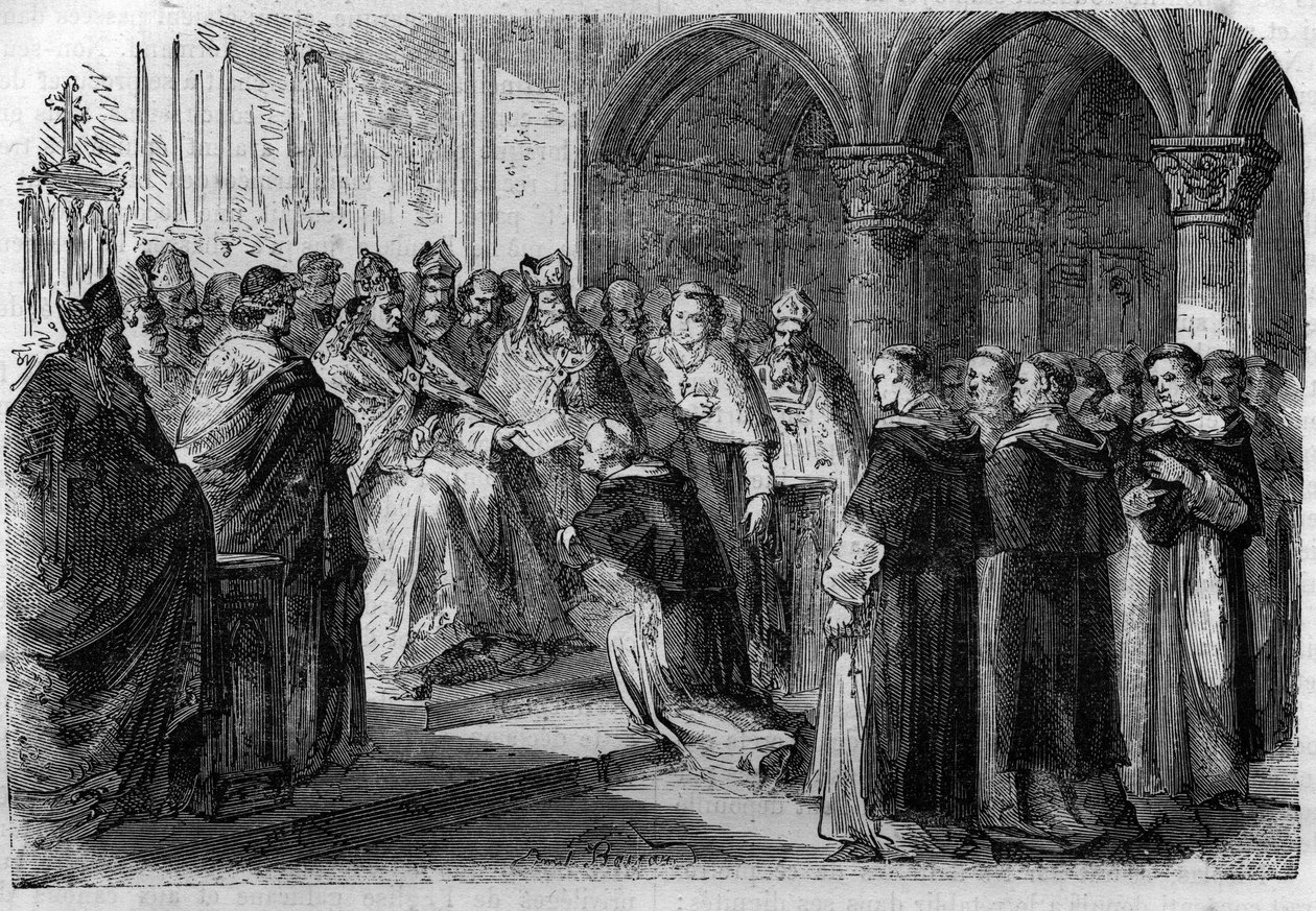 Pave Adrien II (792-872) overdrog til en af sine legater en boble af ekskommunikation mod Lord Normand. Indgravering i "Histoire des Papes-Rois-Queen and Empereurs a travers les centuries"" af Maurice Lachatre af French School