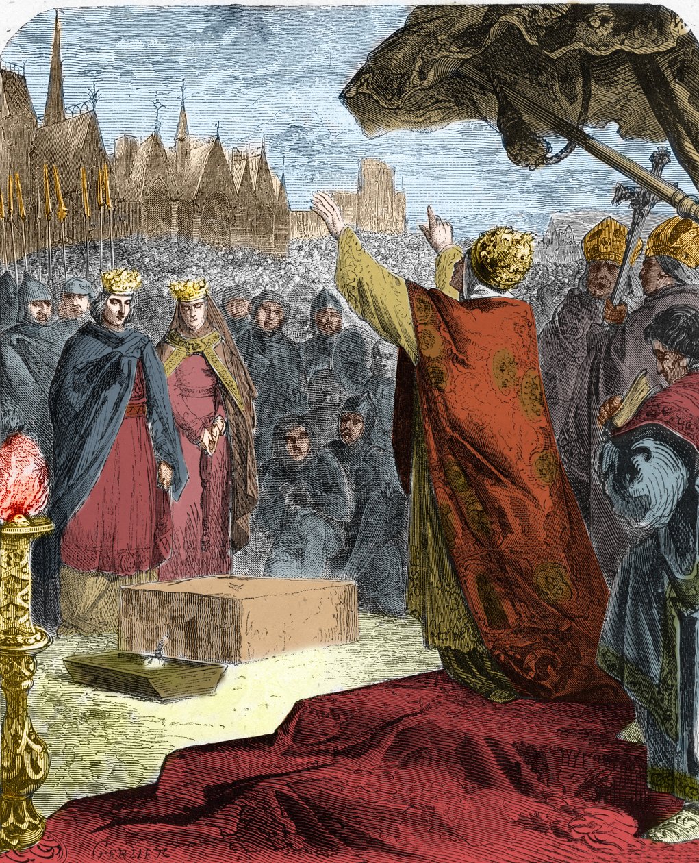 Pave Alexander III (Orlando Bandinelli) (Alessandro III) lagde i 1163 den første sten til katedralen Notre Dame de Paris (Notre-Dame) i nærværelse af kong Louis VII af Frankrig og eveque Maurice de Sully. af French School