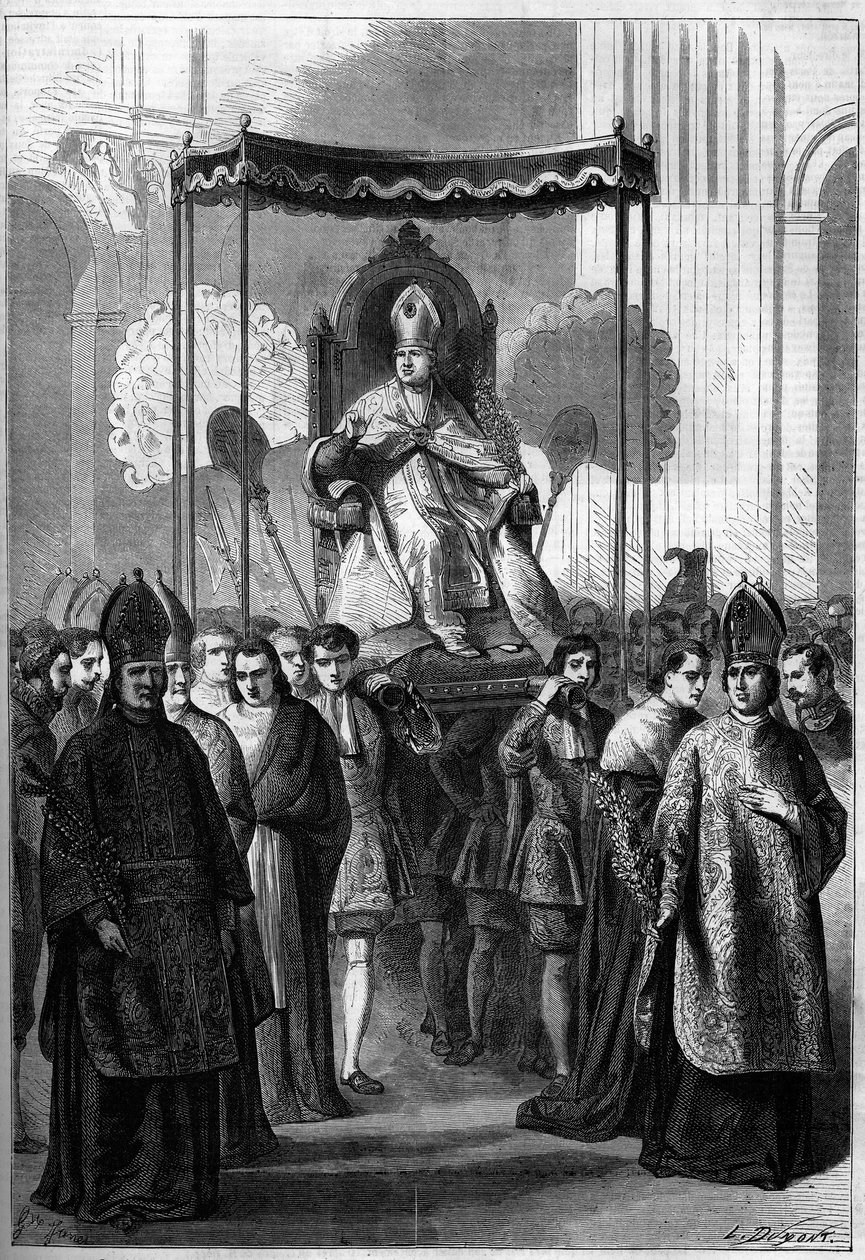 Pave Pius IX (1792-1878) bærer procession til Peterskirken i Rom (Italien) palmesøndag i 1861. Indgravering i "" Le Monde Illustré"" nr. 209 af 13. april 1861. af French School