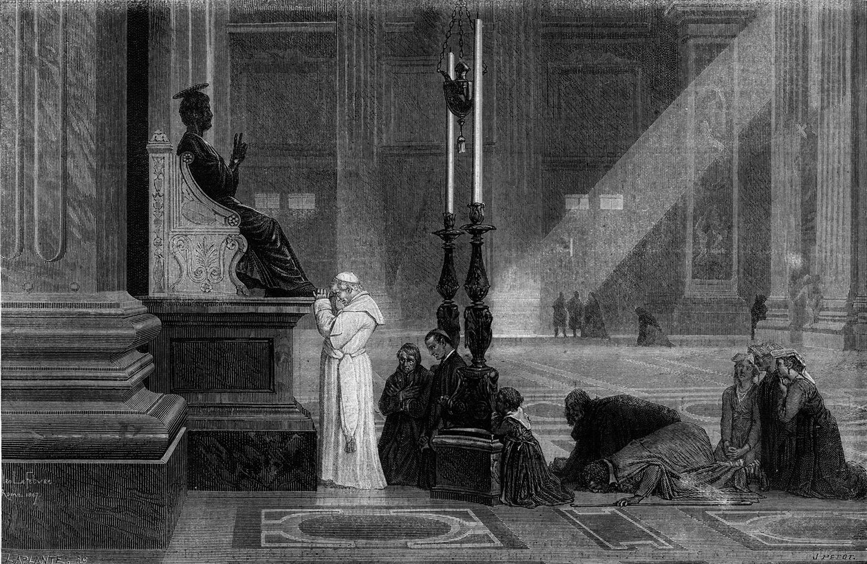 Pave Pius IX (1792-1878) bad nær statuen af Skt. Peter i Peterskirken i Rom. Gravering fra "" Rom: beskrivelse og souvenirs"" af Francis Wey, år 1870. af French School