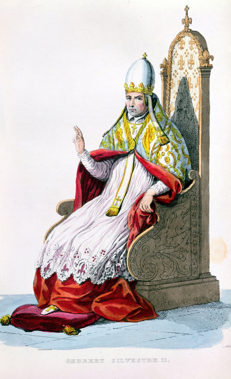 Pave Sylvester II, fra Le Plutarque Francais af E. Mennechet, Paris, 1835 (farvestik) af French School
