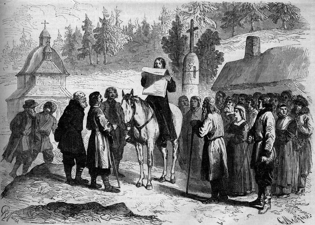 Pave oversætter og læser en ukase (oukase) fra kejseren af Rusland (Alexander II) til polske analfabeter bønder af French School