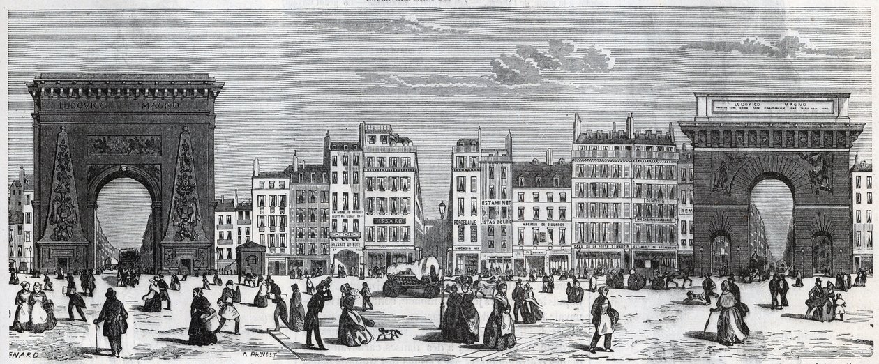 Porte Saint-Denis og rue faubourg Saint Denis - porte saint Martin og rue faubourg Saint-Martin Indgravering i "" Tableau-de-Paris"" af Edmond Texier (1815-1887) af French School
