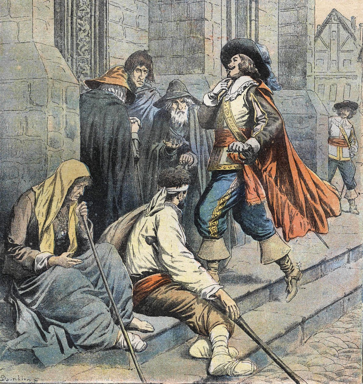 Porthos, der vender tilbage til Saint Leu-kirken, bliver set af D