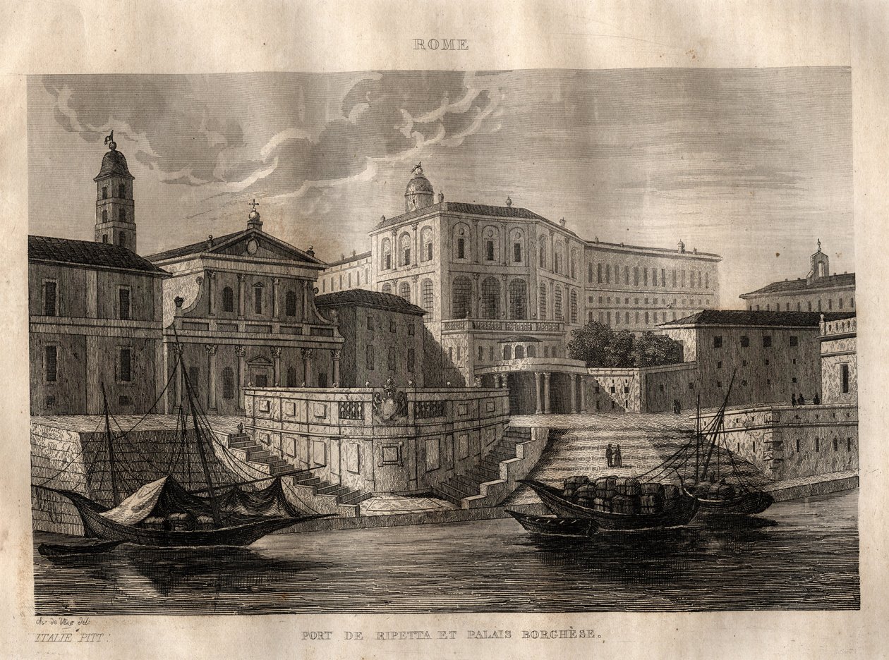 Porto di Ripetta og Palazzo Borghese - Rom - Gravering fra "" Det maleriske Italien" - Historisk og beskrivende maleri af Italien" af M. de Norvins, Ch. Nodier 1834-1836. af French School