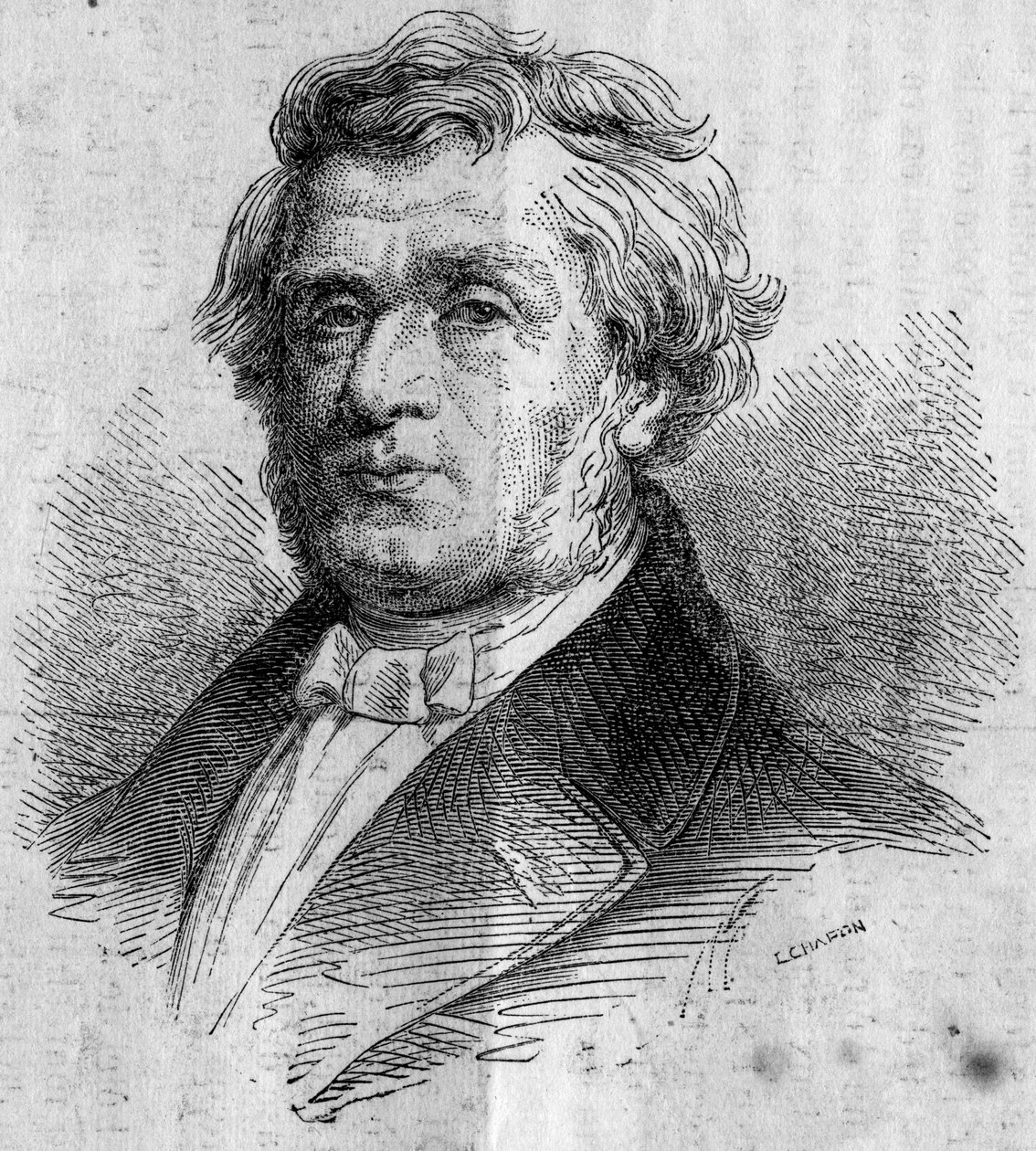 Portræt af Alphonse Lavallee (1791-?), Nantes forretningsmand, grundlægger af Ecole Centrale des Arts et Manufactures (eller Ecole Centrale Paris), som uddanner ingeniører. Indgravering i ""Le Monde Illustre"" nr. 346 af 28. november 1863. af French School