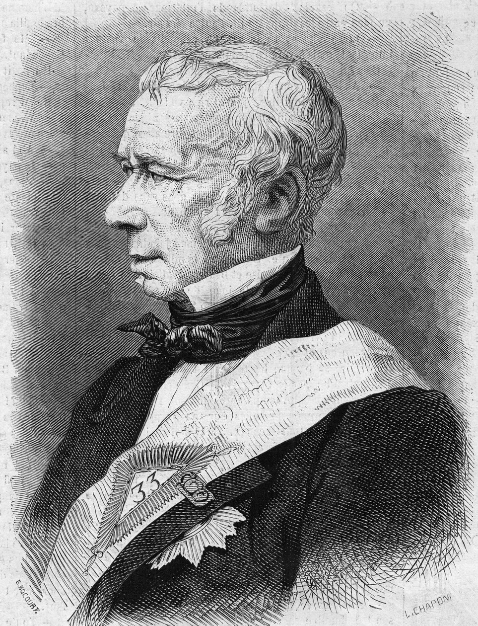 Portræt af Jean Pons Guillaume Viennet (1777-1868), fransk politiker, digter og dramatiker, medlem af Academie Francaise. Indgravering i ""Le Monde Illustre"" nr. 586 af 4. juli 1868. af French School