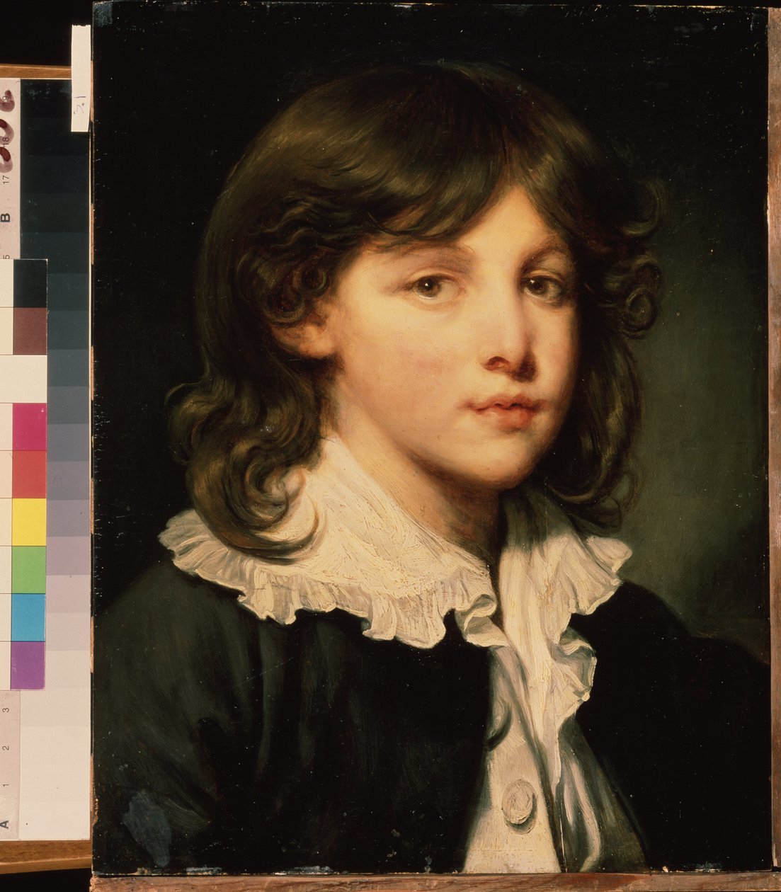 ""Portræt af en dreng"" (Portræt af en dreng) Ung teenager med langt hår. Fransk skolemaleri. Sent i det 18. århundrede Pushkin Museum, Moskva af French School