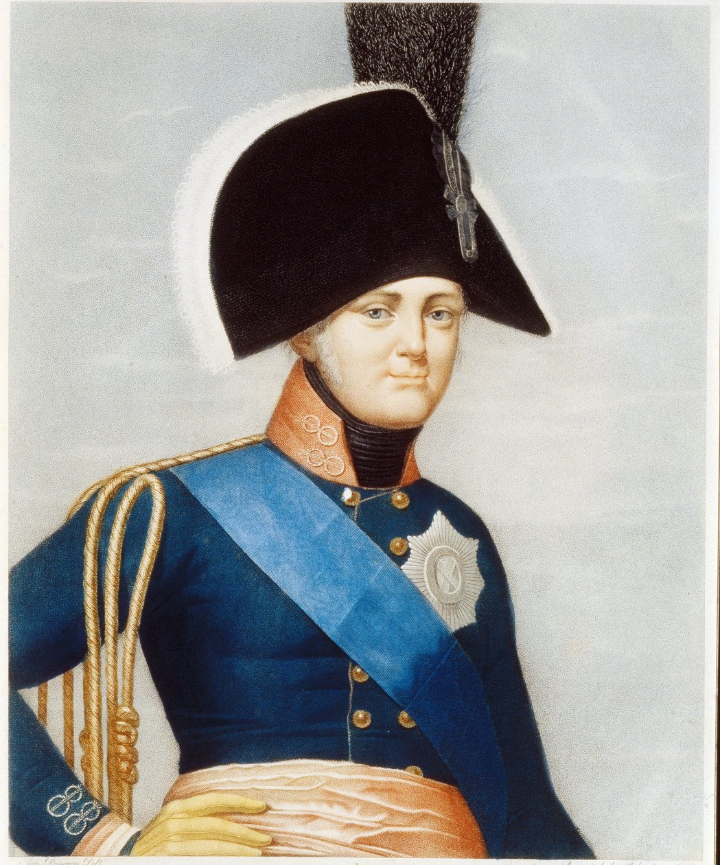Portræt af zaren Alexander I Pavlovich (1777-1825) (Portræt af kejser Alexander I). Iført det blå skærf af ridderne af Helligåndsordenen og de broderede insignier af den kejserlige Andreasorden. Værk af en fransk mester, litografi mi af French School