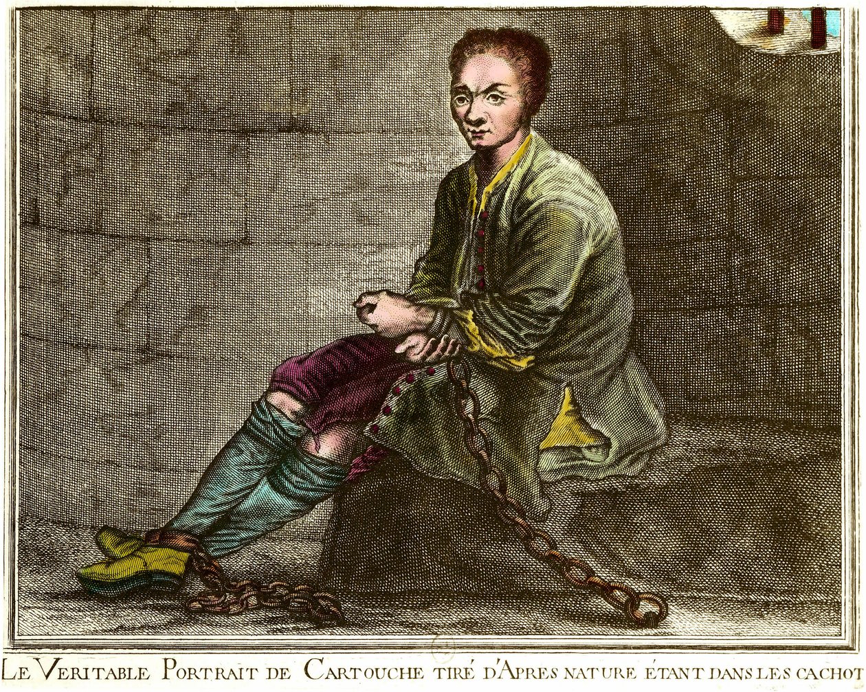 Portræt en pied af Louis Dominique Cartridge (1693-1721), fransk brigand i sit fangehul Indgravering af det 18. århundredes privatsamling af French School