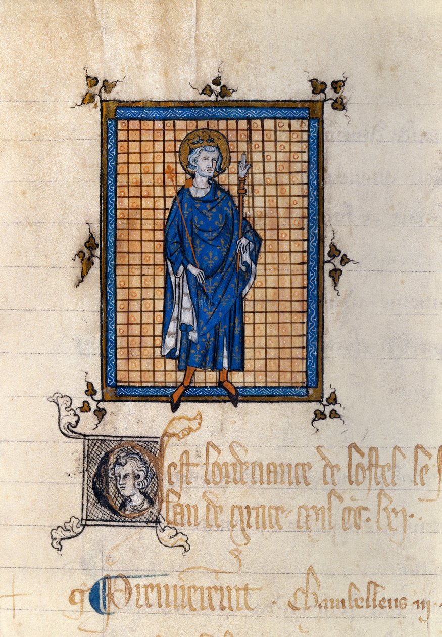 Portræt i fuld længde af Saint Louis in Majesty (Louis IX) (1214-1270) Miniature taget fra "Register of Ordinances of the Hotel du Roi"". Paris, Nationalarkivet af French School
