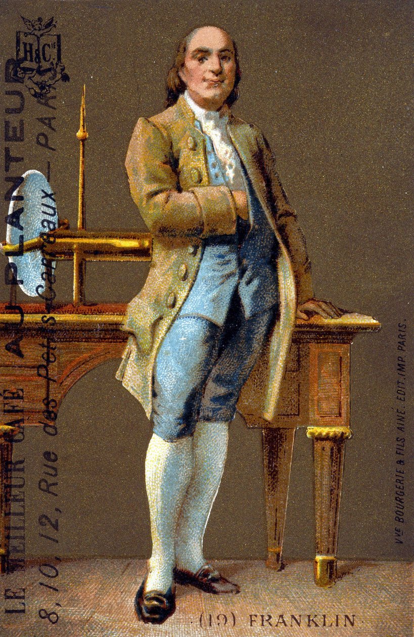 Portræt i fødder af Benjamin Franklin, amerikansk politiker og fysiker (1706-1790) - chromo, deb. 20. århundrede af French School