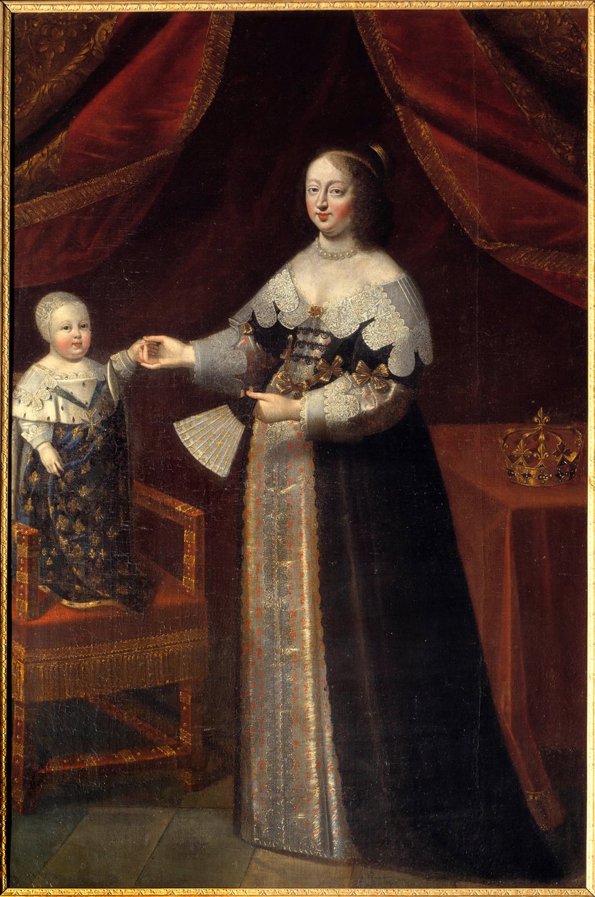 Portræt i foden af Anne af Østrig (1601-1666), dronning af Frankrig med Louis XIV barn. Maleri af den franske skole i det 17. århundrede. Chambord, slotsmuseum af French School