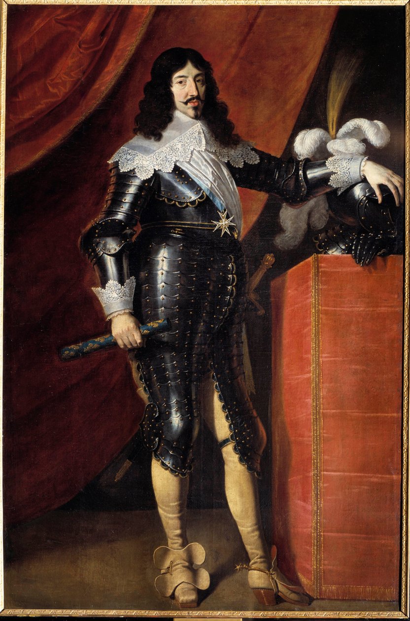 Portræt for foden af Ludvig XIII (1601-1643) i rustning Maleri af den franske skole i det 17. århundrede. Musee du chateau de Chambord - Portræt i fuld længde af Ludvig XIII (1601-1643) i rustning. Maleri af den engelske skole i det 17. århundrede. Museum  af French School