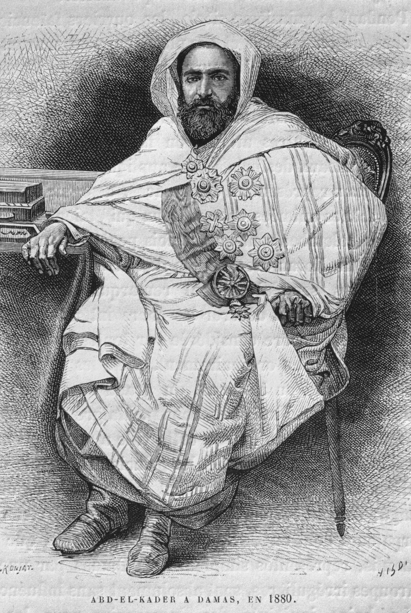 Portræt af Abd el-Kader i Damaskus i 1880 (1808-83), fra Syrien i dag. Rejser i Fønikien, Libanon og Judæa. 1875-1880 af Louis Charles Emile Lortet, 1884 (bw gravering) af French School