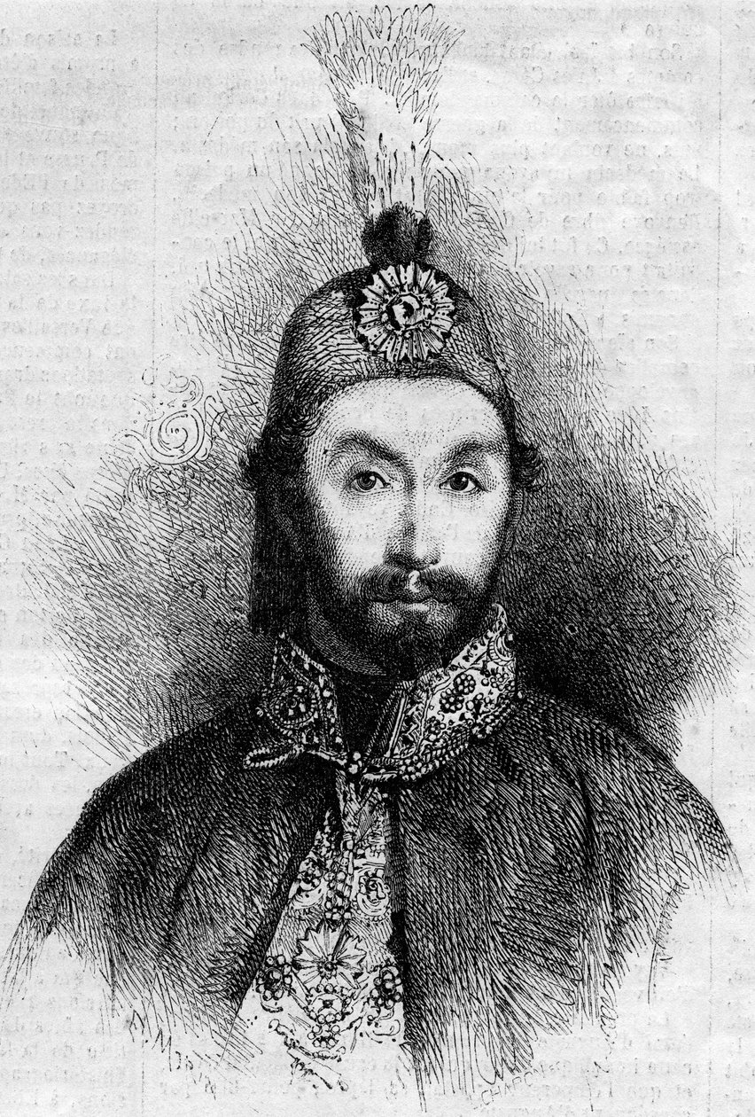 Portræt af Abdulmecit I (Abdul-Medjid-Khan, Abdul Medjid Khan) (1823-1861), sultan fra Det Osmanniske Rige. Indgravering i "" Le Monde Illustré"" nr. 221 af 6. juli 1861. af French School