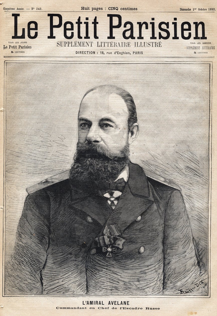 Portræt af admiral Avelane, chef for den russiske eskadron. En af avisen "Le Petit Parisien"" den 1/10/1893. af French School