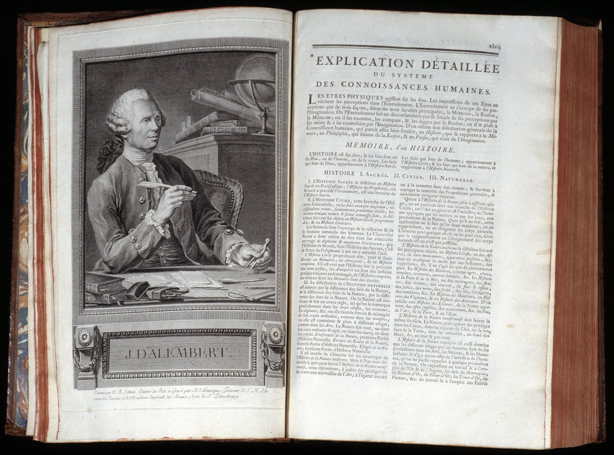 Portræt af Alembert og en tekstside i Encyclopedia of Diderot and Alembert af French School