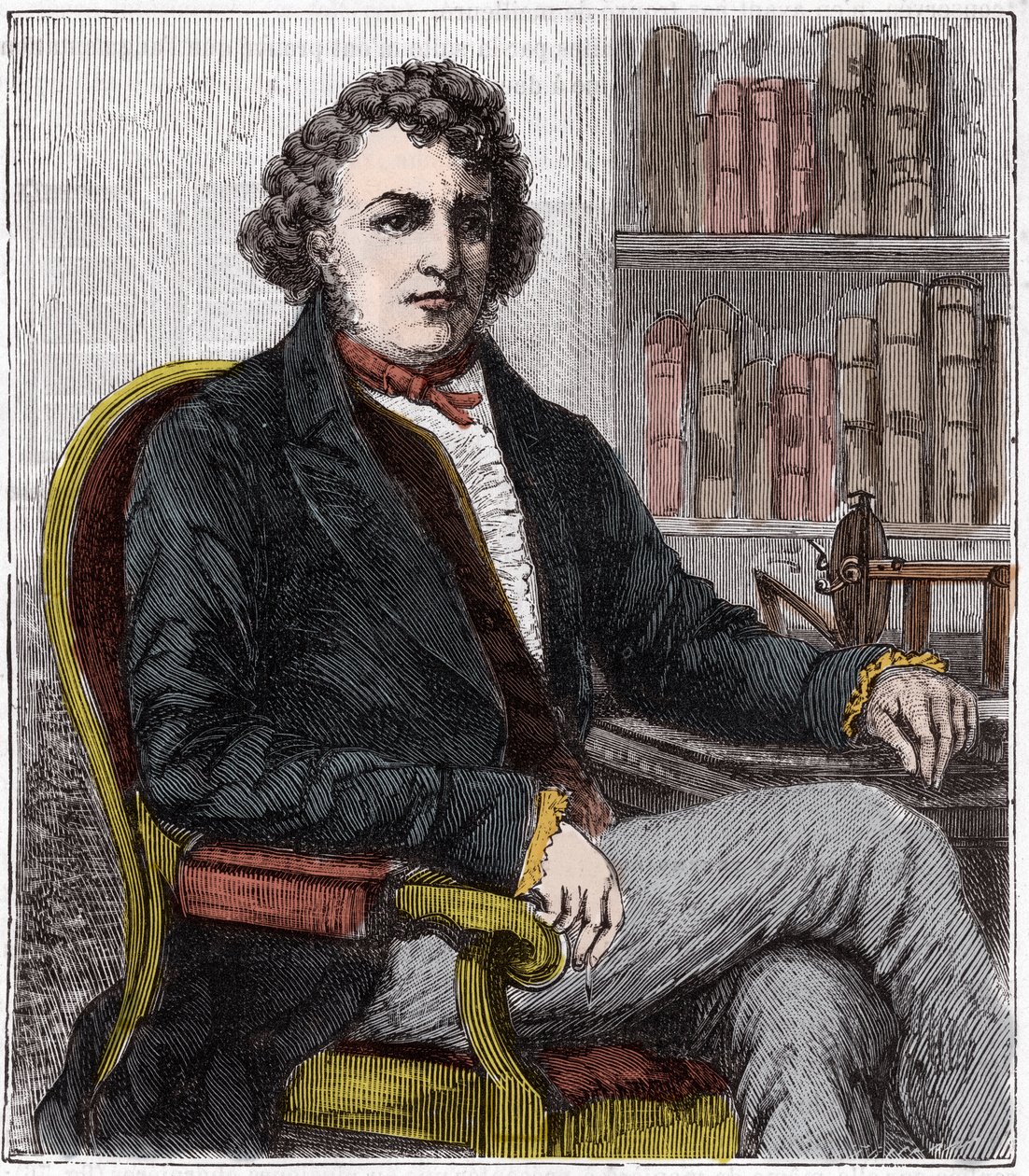 Portræt af Andre Marie Ampere (1775-1836) fransk fysiker - Andre-Marie Ampere (1775-1836), fransk fysiker og pioner inden for elektrodynamik - Indgravering i "" Sciences mise à la range de tous - physics et chimie populaires"" af Alexis Gejstlig - Slutning af French School
