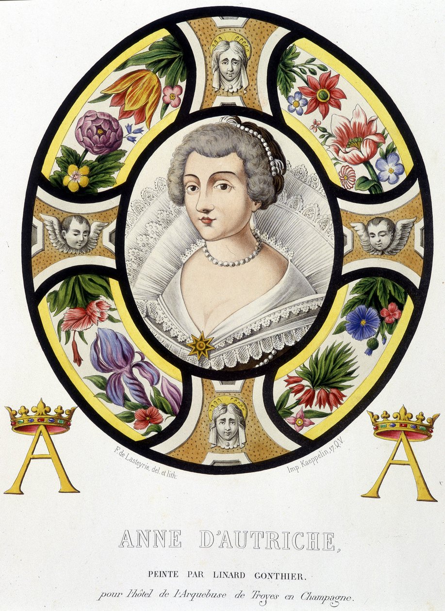 Portræt af Anne af Østrig, dronning af Frankrig (1601-1666). Faksimile af et farvet glas fra middelalderen i "Histoire de la peinture sur verre"" af Ferdinand de Lasteyrie af French School