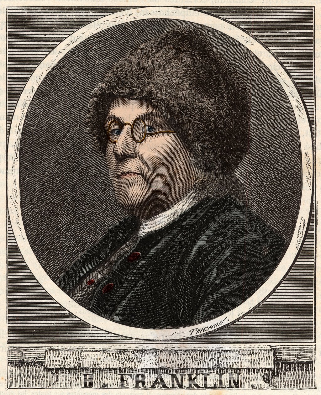 Portræt af BENJAMIN FRANKLIN (1706-1790) Amerikansk trykker, udgiver, videnskabsmand, opfinder, statsmand og diplomat - Portræt af Benjamin Franklin (1706-1790), amerikansk fysiker, filosof og politiker - Indgravering i "" Videnskaber bragt til rækkevidde  af French School
