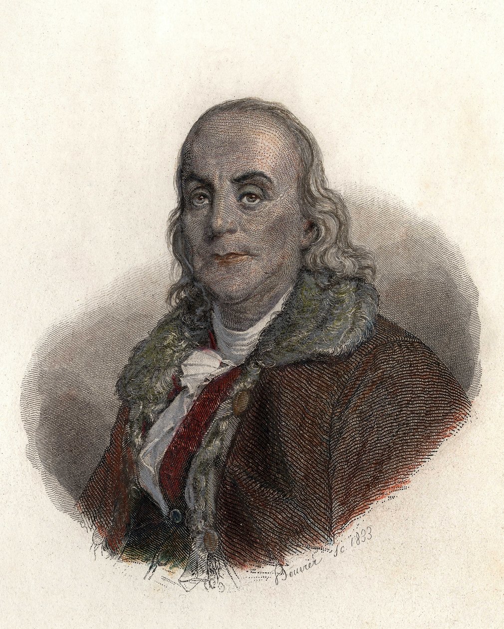 Portræt af Benjamin Franklin (1706-1790), amerikansk fysiker, filosof og politiker. i "Portraits des Hommes Useful" af French School