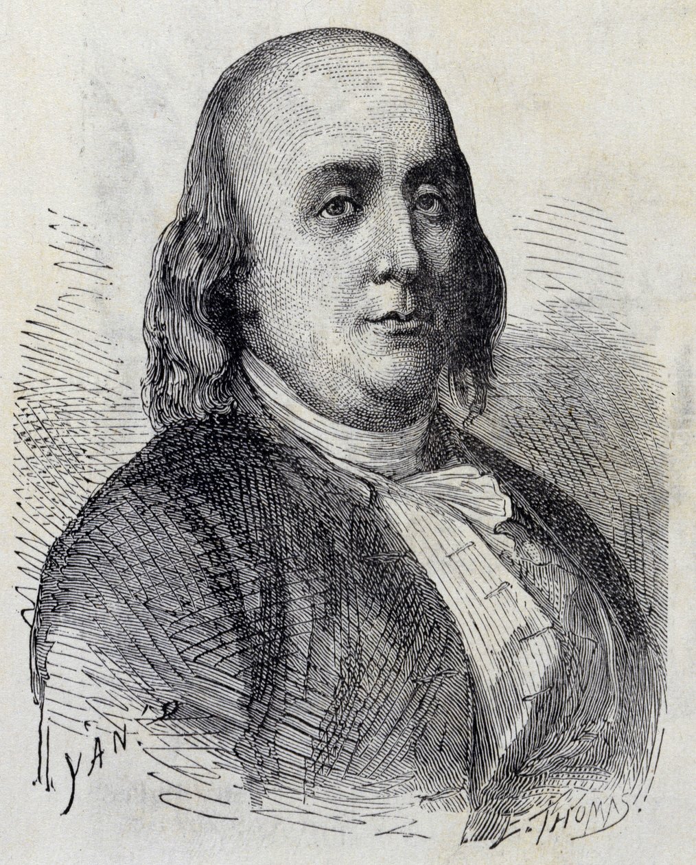 Portræt af Benjamin Franklin (1706 - 1790), amerikansk politiker, mindesmærke, pjece og fysiker - i "" Album of Science; berømte lærde; Store opdagelser””” 1896. af French School