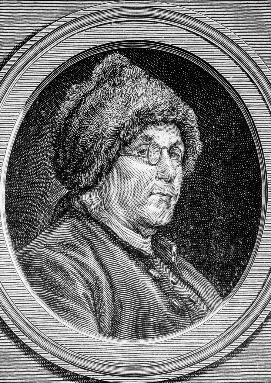 Portræt af Benjamin Franklin (1706 - 1790), politiker, mindesmærke, pjece og amerikansk fysiker - i "" Album de la Science; berømte lærde; Store opdagelser””” 1896. af French School