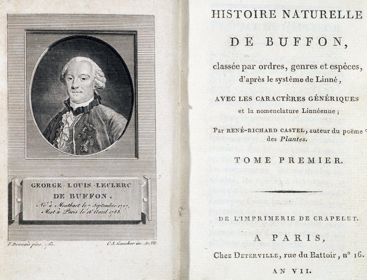 Portræt af Buffon og titelbladet til "Natural History of Buffon" klassificeret efter ordener, slægter og arter i henhold til Linné-systemet af French School
