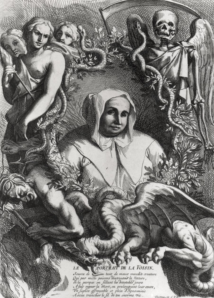 Portræt af Catherine Monvoisin (La Voisin) (1640-80) (gravering) (bw foto) af French School