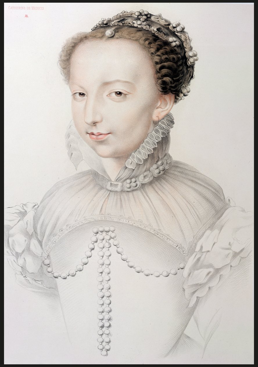 Portræt af Catherine de Medici (1519-89), faksimile af en tegning fra det 16. århundrede, der vises i Portrætter af de mest berømte franske personligheder i det 16. århundrede, af P.G. Niel, Paris, 1848 (grafit o af French School