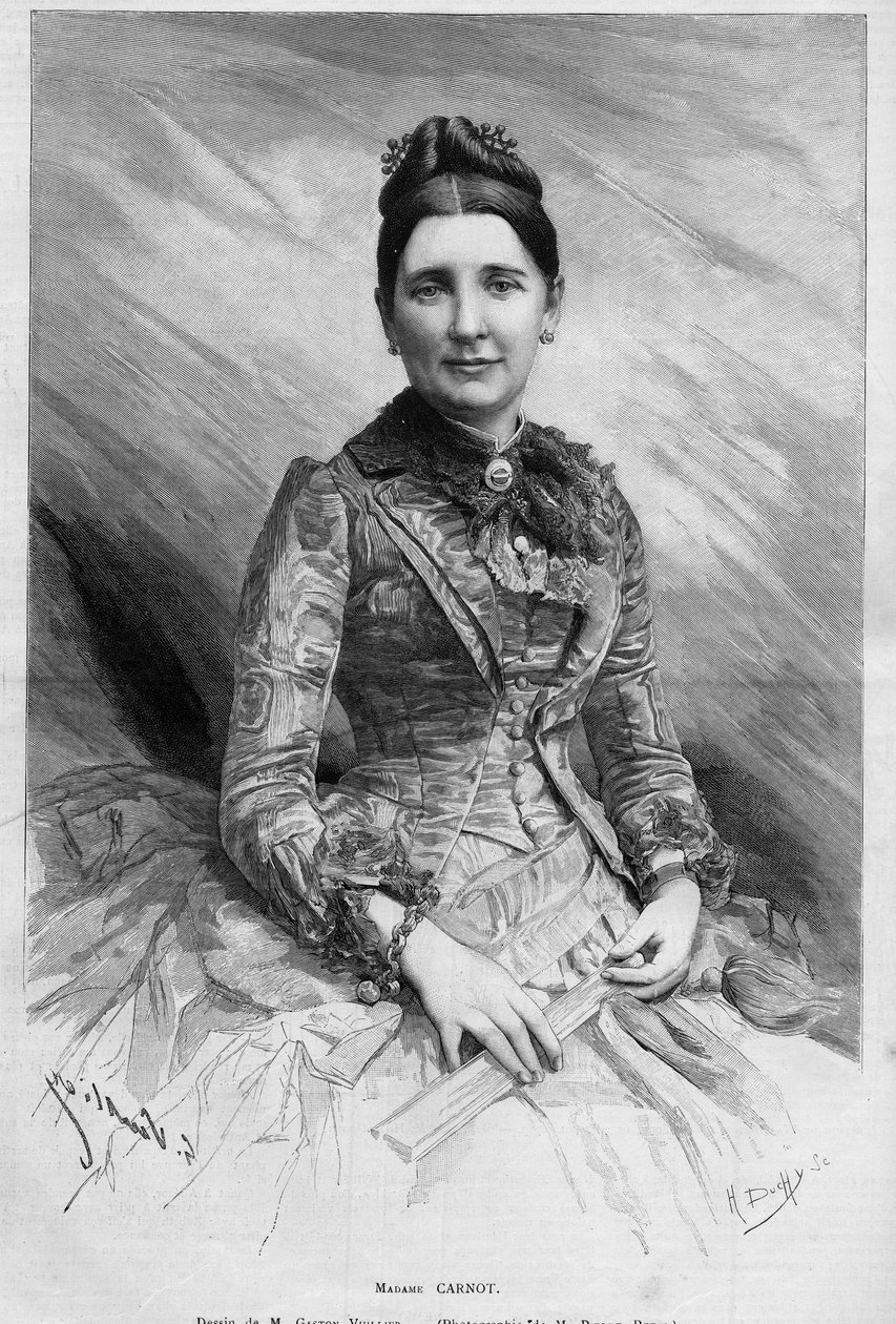 Portræt af Cecile Carnot (nee Dupont-White eller Dupont White) (1841-1898), hustru til Sadi Carnot, den franske republiks præsident. Indgravering i "" Le Monde Illustré"" nr. 1678 af 25. maj 1889. af French School