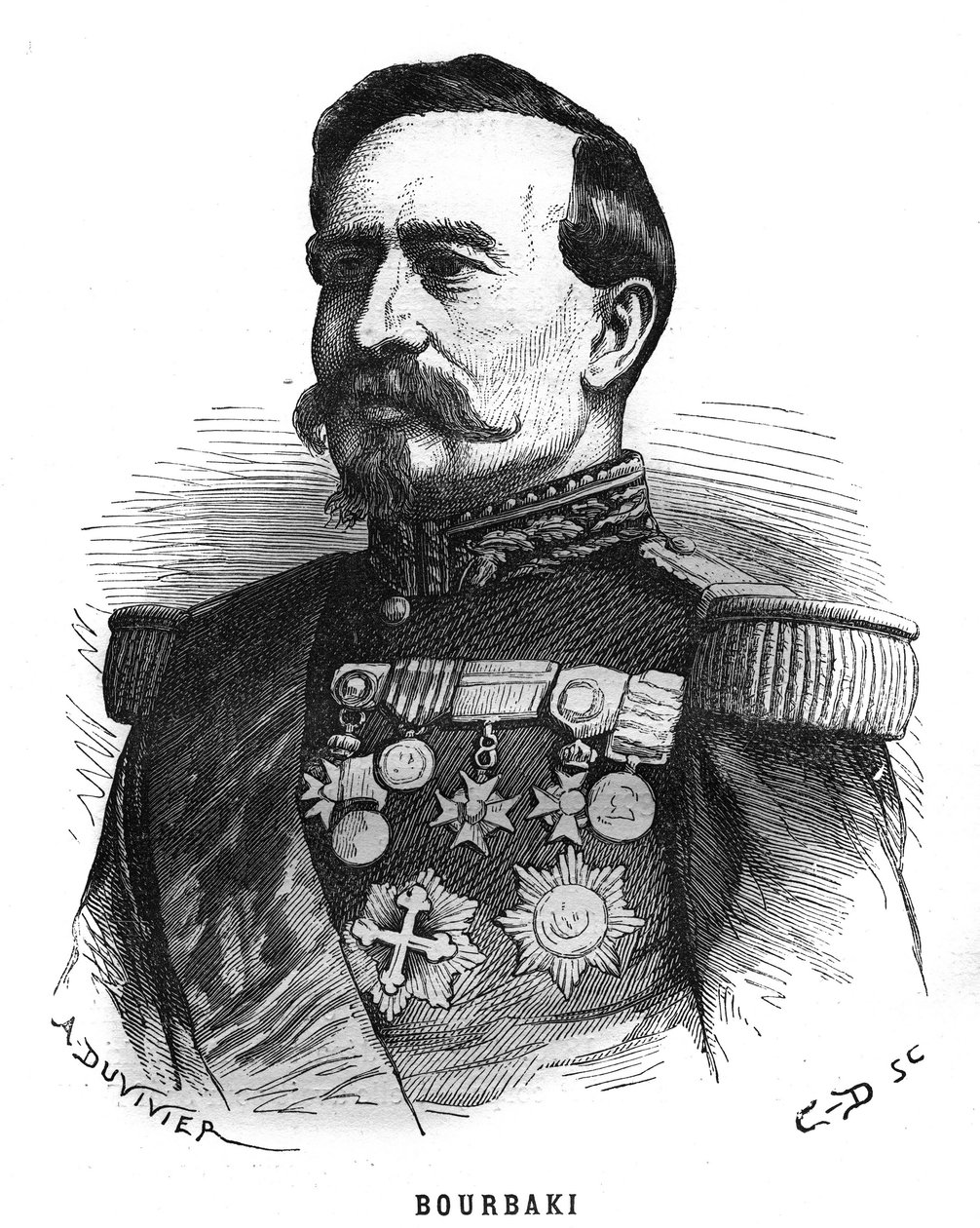 Portræt af Charles Denis Bourbaki (1816-1897), fransk officer. Indgravering i “Les Illustrations De L