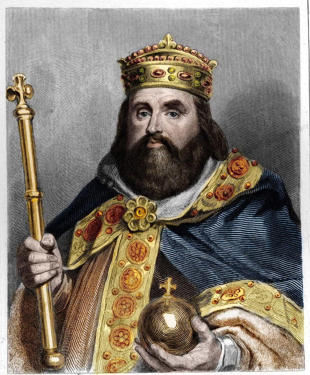 Portræt af Karl III 3. Gros (839-888) Kejser af Vesten (881 - 887) og Regent af Frankrig (884 - 887) - i "Histoire des Francais" af Lavallee, stik, sd. af French School