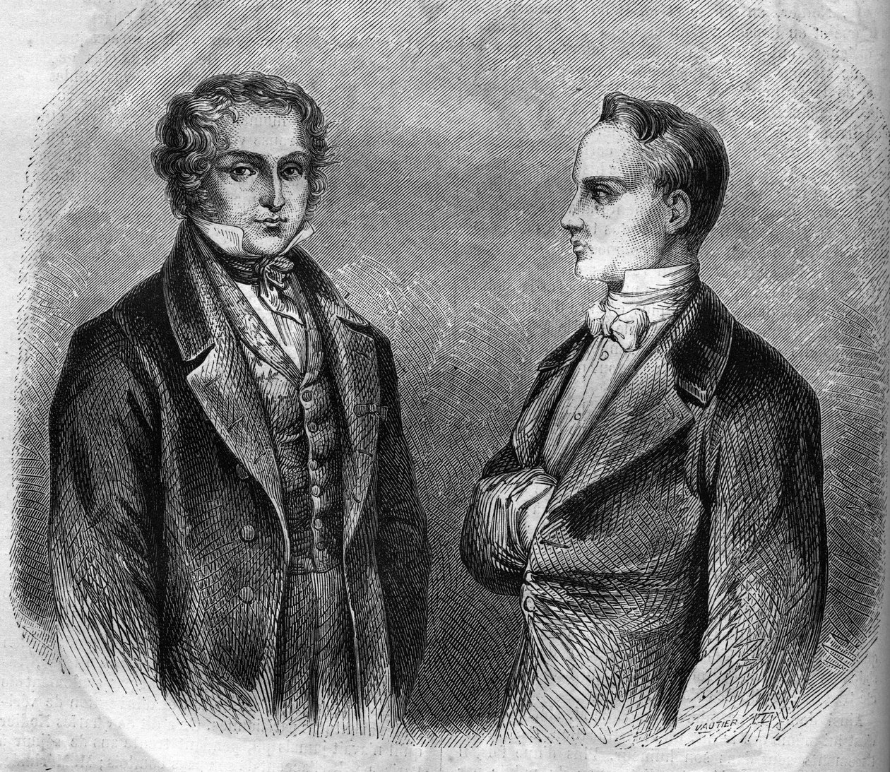 Portræt af Charles Nodier (1780-1844) og Prosper Merimee (1803-1870), franske forfattere. Stik fra 1866-1867. af French School