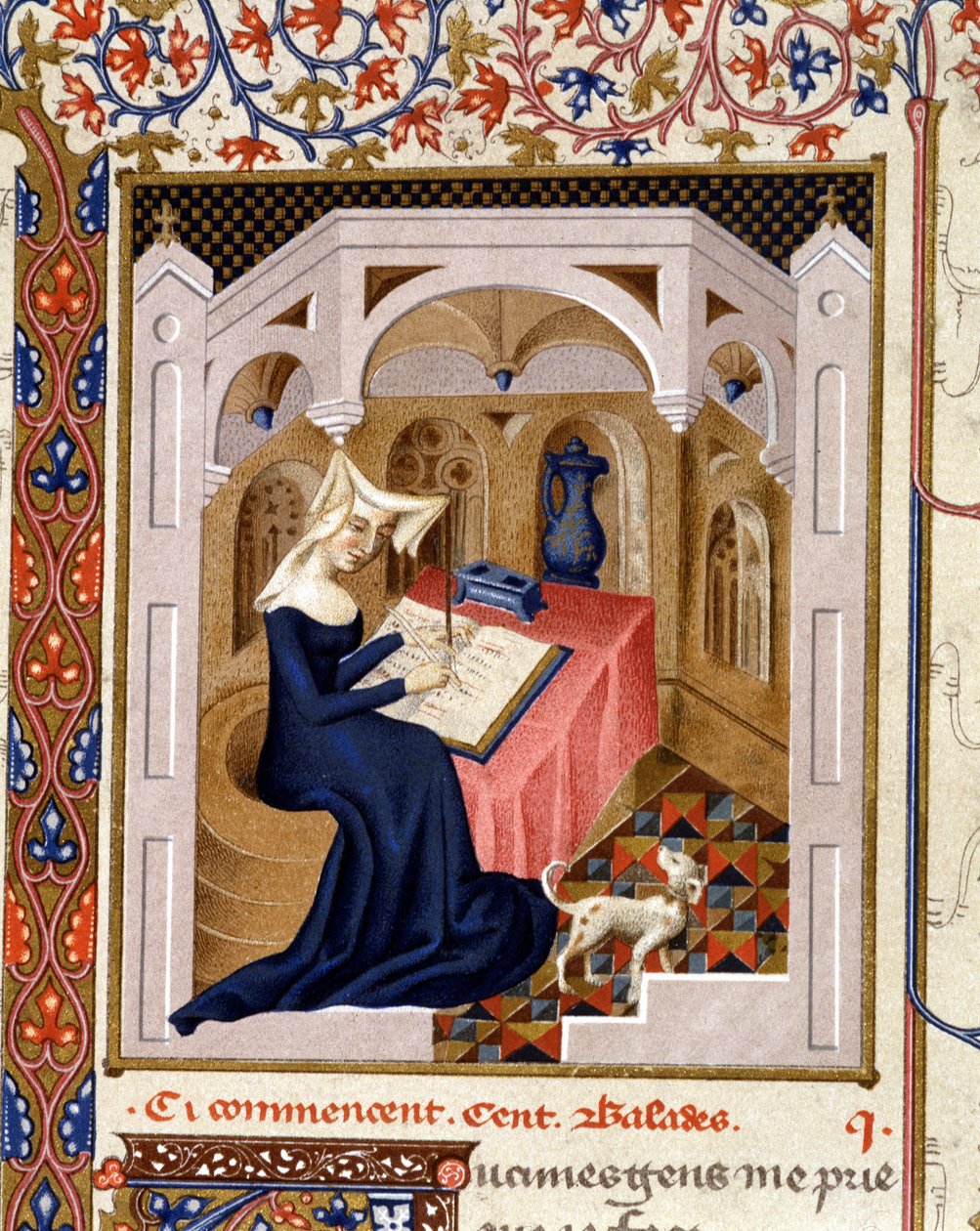 Portræt af Christine de Pisan (eller Pisan) skrift - Miniature af French School