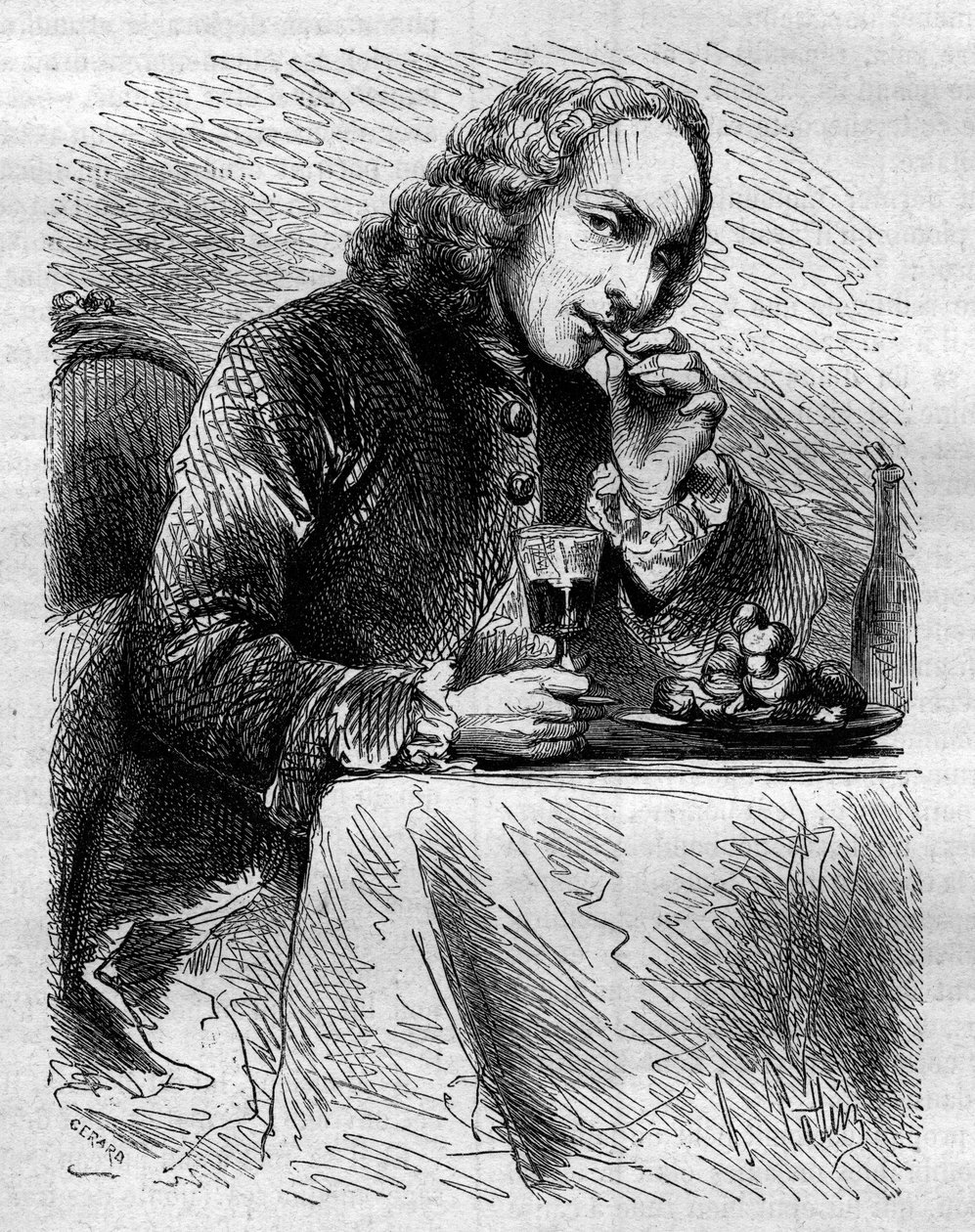 Portræt af Claude Henri de Fusee de Voisenon (1708-1775), fransk kirkemand, digter og dramatiker, repræsenteret af konditoren i Cauterets. Stik fra 1858. af French School