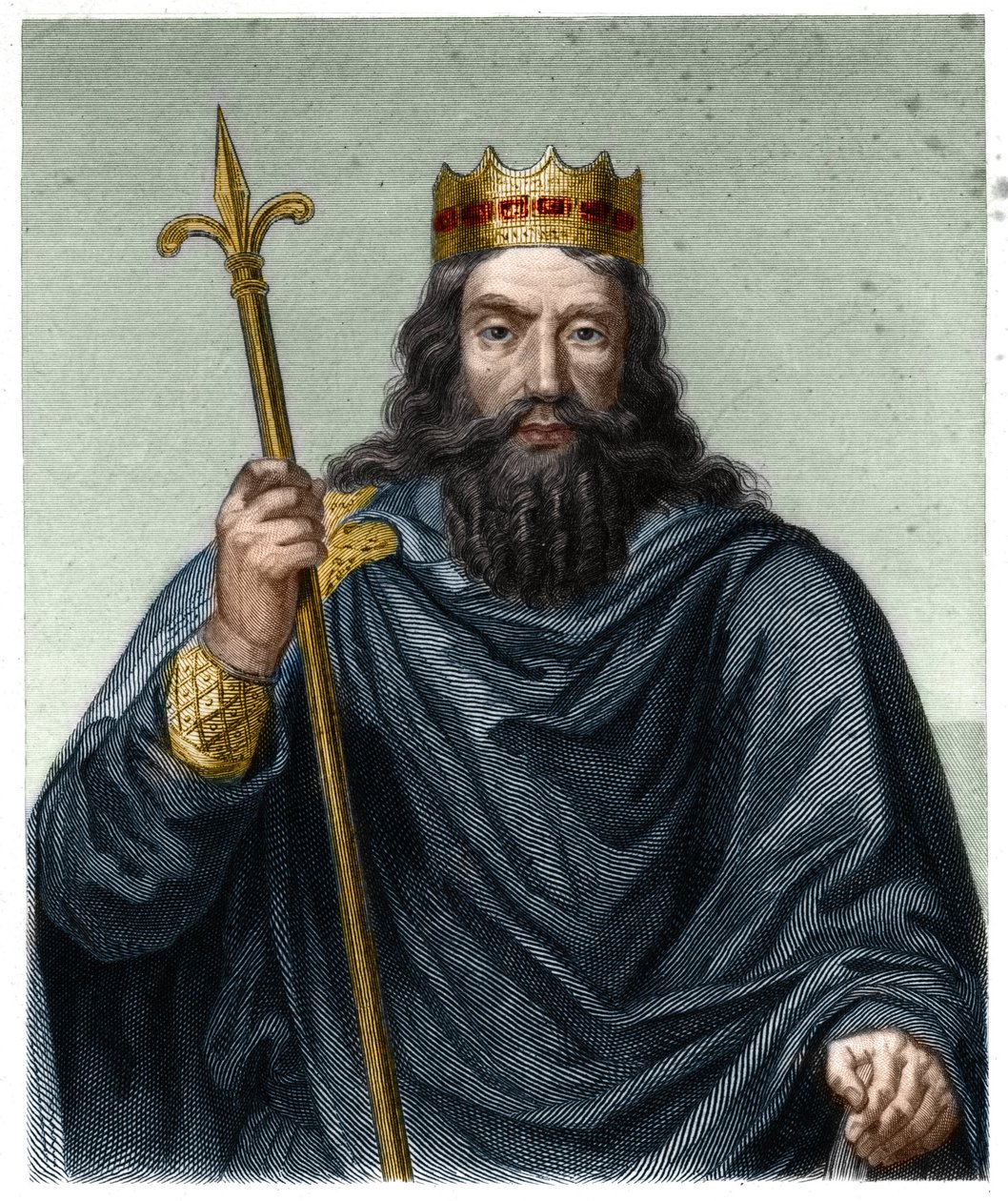 Portræt af Clovis I (v. 466 - 511), francernes konge - i “Histoire des Francais”” af Lavallee, stik, sd. af French School