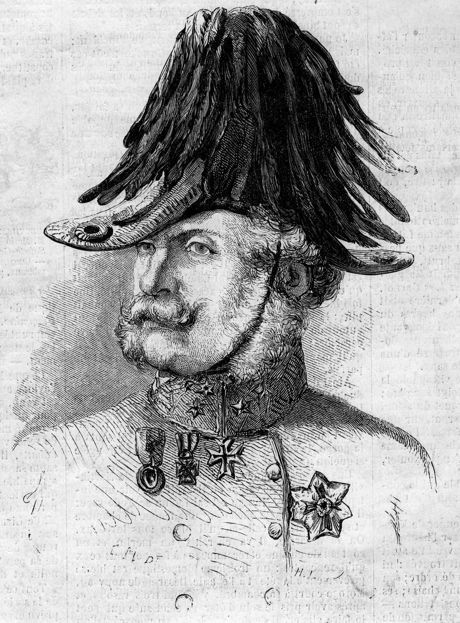 Portræt af grev Ferencz Gyulai (1797-1868), feltgeneralløjtnant, der kommanderede de østrigske tropper i Lombard-provinserne. Indgravering i "" Le Monde Illustré"" nr. 107 af 30. april af French School