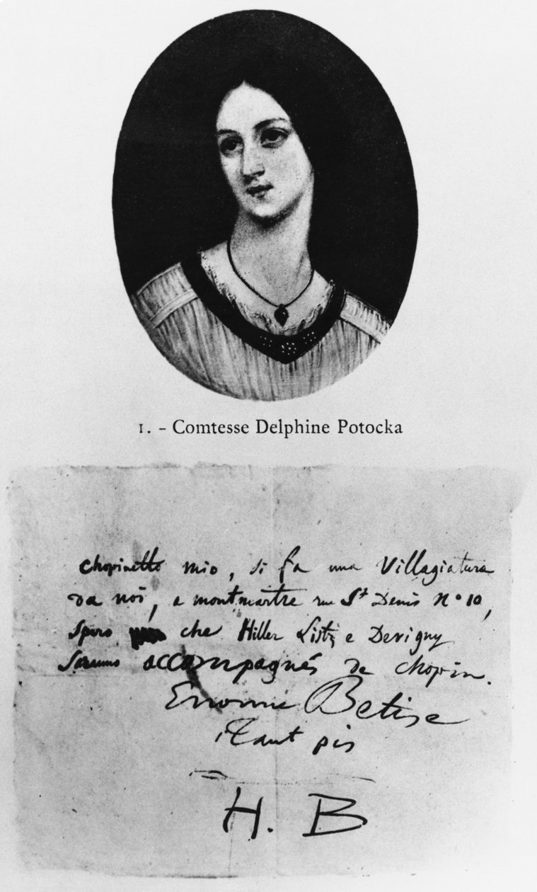 Portræt af grevinde Delphine Potocka, brev af Hector Berlioz til Frederic Chopin af French School