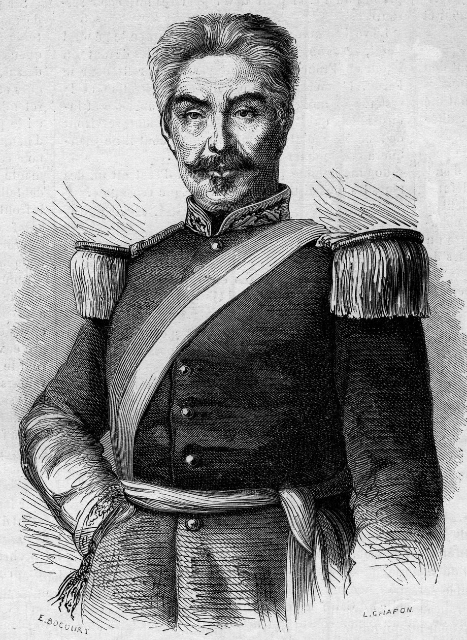 Portræt af Don Miguel San Roman (1803-1863), Perus præsident. Indgravering i "" Le Monde Illustré"" nr. 320 af 30. maj 1863. af French School