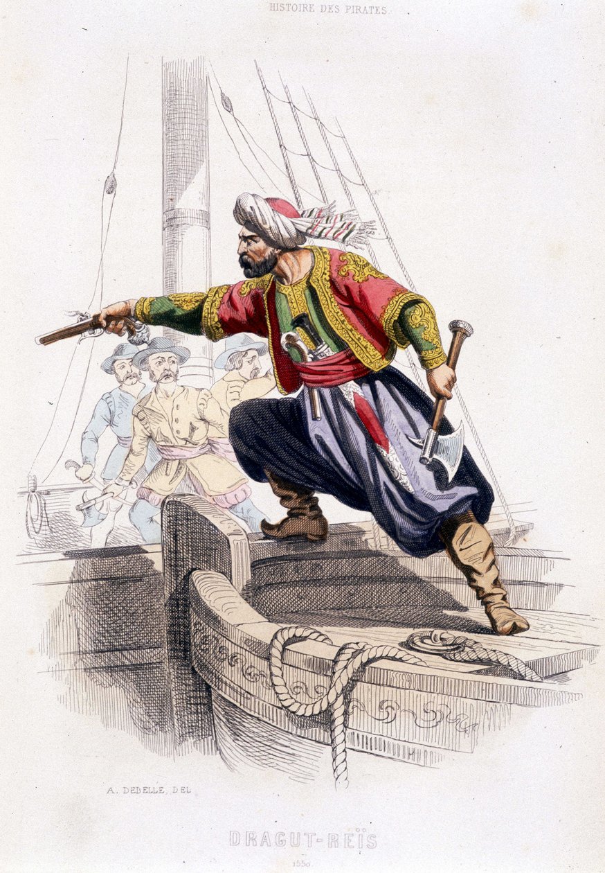 Portræt af Dragut - Reïs, tyrkisk pirat fra det 16. århundrede - i ""History of pirates and the corsairs of the Ocean and the Mediterranean"" af P. Christian, Paris, D. Cavaillés ed., Tome 1 af French School
