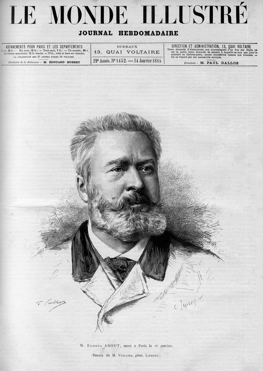 Portræt af Edmond About (1828-1885), fransk forfatter og journalist, medlem af det franske akademi, I "The Illustrous World" 1885. af French School