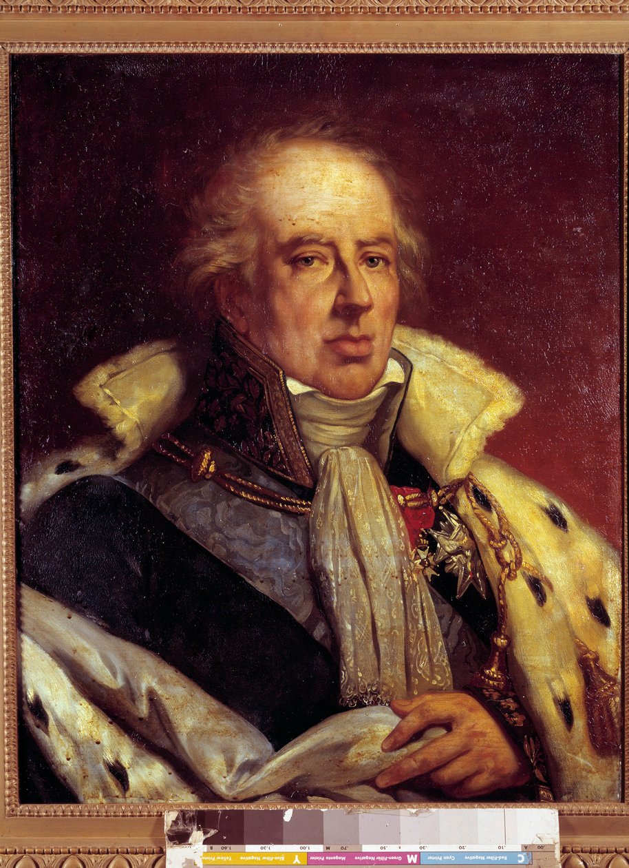 Portræt af Francois - Alexandre - Frederic, Duc de la Rochefoucauld Liancourt, økonom (1747 - 1837) repræsenteret i kostume af Pair de France under restaureringen (h s/t 0,72 X 0,57). Versailles. Musée du Chateau. af French School