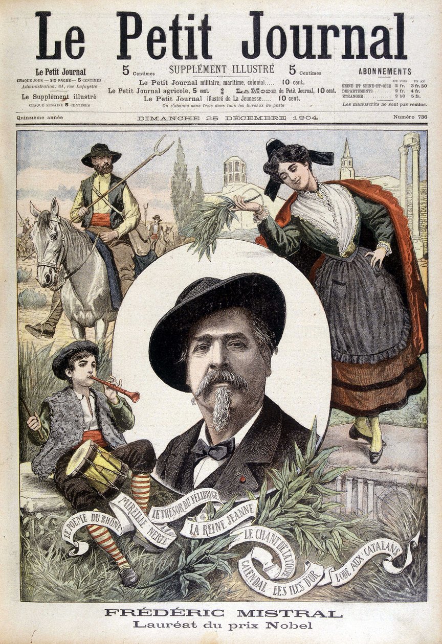 Portræt af Frédéric Mistral, omgivet af provencalske karakterer (værge, fife og Mireille) - i "Le Petit journal" af 28/12/1904 (gravering) af French School