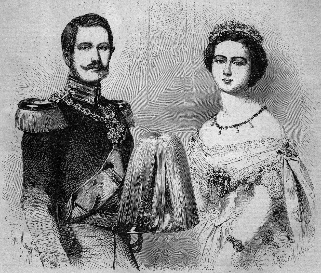 Portræt af Frederic Guilllaume af Preussen (1831-1888, kommende Frederik III, konge af Preussen og tysk kejser) og hans forlovede, prinsesse Victoria af England (1840-1901). Indgravering i "" Le Monde Illustré"" nr. 41 af 23. januar 1858. af French School