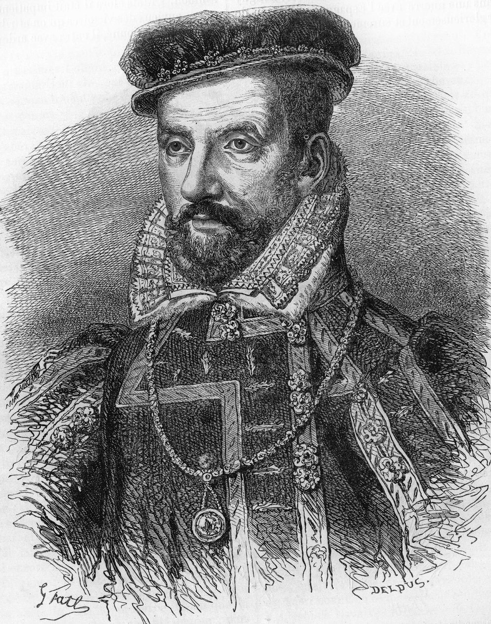 Portræt af Gaspard de Coligny, kendt som admiralen de Coligny (1519-1572). I ""Popular History of France"", nd. ca. 1885. Stik. af French School